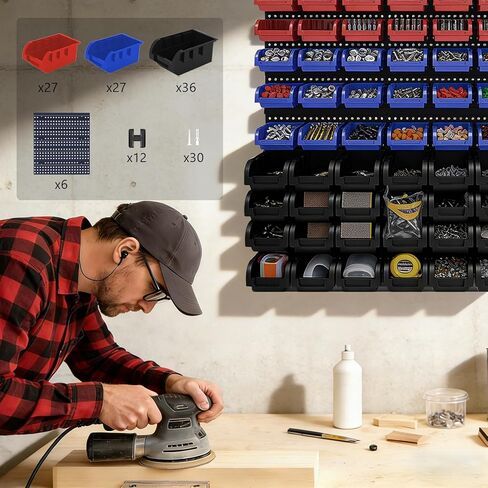 90 قطعة من صناديق التخزين البلاستيكية المثبتة على الحائط، منظم لأجزاء الصواميل وصناديق البراغي لمتجر المرآب للبراغي والصواميل والمسامير والأظافر والخرز وأجزاء الأجهزة الصغيرة، أحمر، أزرق، أسود in Kuwait