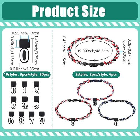 6 عبوات من قلادة البيسبول والمعلقات مقاس 19 بوصة مع 30 قلادة من السيليكون بأرقام 0-9 و6 ألوان متنوعة قلادة رياضية مضفرة للاعبي فريق البيسبول وإكسسوارات المشجعين الرجالي in Kuwait