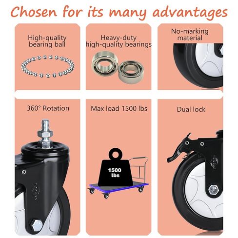 5" Threaded Stem Caster Metric M12-1.75x25mm(Bolt Diameter 12mm, Length:25mm, Thread Pitch 1.75 mm) 1500lbs Heavy Duty Swivel Caster Wheels Set of 4 castors for All Floor in Saudi Arabia