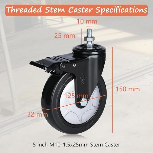 5" Threaded Stem Caster Metric M12-1.75x25mm(Bolt Diameter 12mm, Length:25mm, Thread Pitch 1.75 mm) 1500lbs Heavy Duty Swivel Caster Wheels Set of 4 castors for All Floor in Saudi Arabia