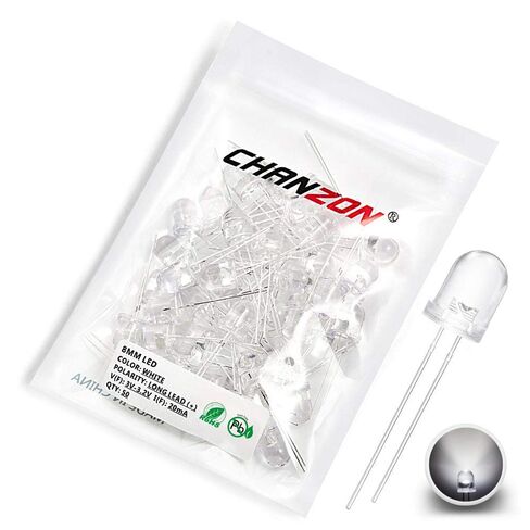 Chanzon 50 pcs 8mm White LED Diode Lights (Clear Round Transparent DC 3V 20mA) Bright Lighting Bulb Lamps Electronics Components Indicator Light Emitting Diodes in Saudi Arabia