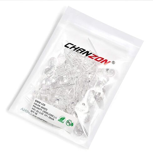 Chanzon 50 pcs 8mm White LED Diode Lights (Clear Round Transparent DC 3V 20mA) Bright Lighting Bulb Lamps Electronics Components Indicator Light Emitting Diodes in Saudi Arabia