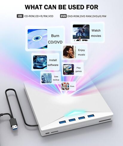 محرك الأقراص المضغوطة/DVD خارجي للكمبيوتر المحمول ، 8 في 1 LED DVD Player Player CD-ROM DVD-R Burner Writer USB 3.0 محرك أقراص خارجي متوافق مع سطح المكتب MAC ، Windows 11/10/8/7 Linux in Saudi Arabia