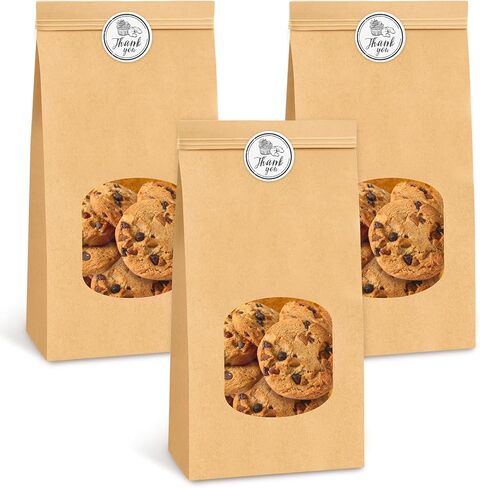 Ocmoiy 100Pcs Medium Bakery Cookie Bags with Window, 4.5x2.36x9.6 Inch Tin Tie Tab Lock Kraft Paper Bags with Thank You Stickers for Cookie, Coffee, Bread in Kuwait