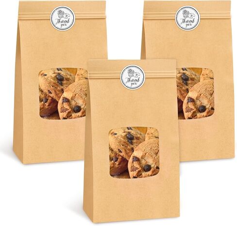 Ocmoiy 100Pcs Medium Bakery Cookie Bags with Window, 4.5x2.36x9.6 Inch Tin Tie Tab Lock Kraft Paper Bags with Thank You Stickers for Cookie, Coffee, Bread in Saudi Arabia