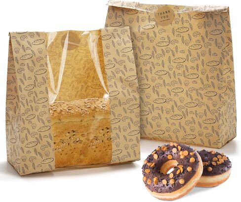 Hacaroa 100 Pack Paper Bread Bags with Clear Window, 10.8"x10"x4" Kraft Bakery Bag with 100 Stickers, Brown Toast Packaging Bags for Sourdough Bread, Cookie in Saudi Arabia