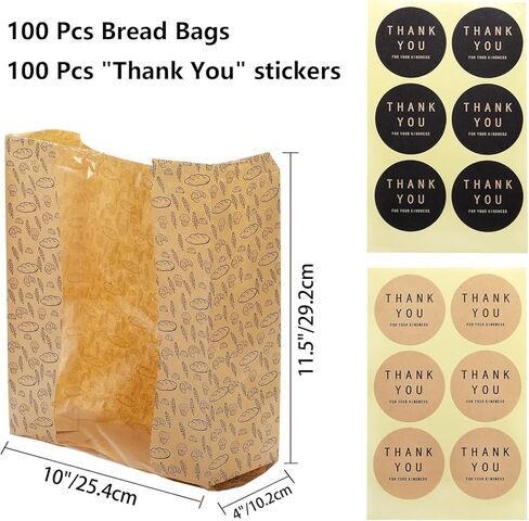 Hacaroa 100 Pack Paper Bread Bags with Clear Window, 10.8"x10"x4" Kraft Bakery Bag with 100 Stickers, Brown Toast Packaging Bags for Sourdough Bread, Cookie in Saudi Arabia