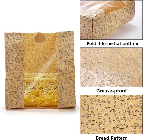 Hacaroa 100 Pack Paper Bread Bags with Clear Window, 10.8"x10"x4" Kraft Bakery Bag with 100 Stickers, Brown Toast Packaging Bags for Sourdough Bread, Cookie in Saudi Arabia