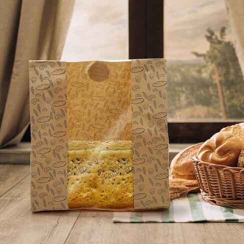 Hacaroa 100 Pack Paper Bread Bags with Clear Window, 10.8"x10"x4" Kraft Bakery Bag with 100 Stickers, Brown Toast Packaging Bags for Sourdough Bread, Cookie in Saudi Arabia