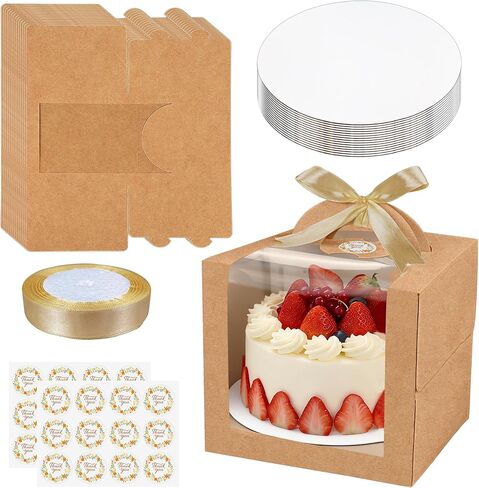 15PCS Brown 6x6x6 Inch Cake Boxes with Window Handle Boxes 6 Inch with Cake Boards for Gift Giving Elegant Paper with Ribbon Stickers for Weddings Birthdays Holidays Corporate Event Party Favors in Saudi Arabia