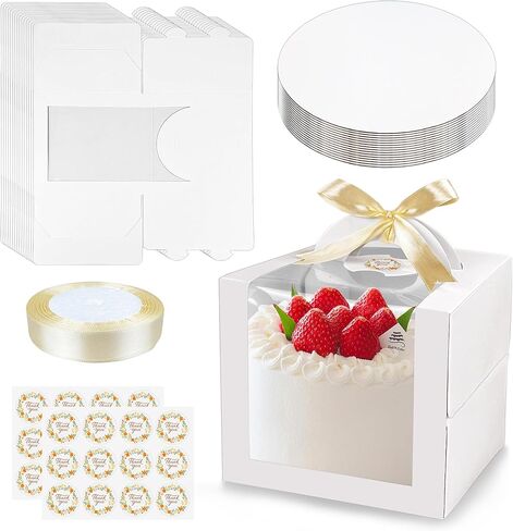 15PCS Brown 6x6x6 Inch Cake Boxes with Window Handle Boxes 6 Inch with Cake Boards for Gift Giving Elegant Paper with Ribbon Stickers for Weddings Birthdays Holidays Corporate Event Party Favors in Saudi Arabia