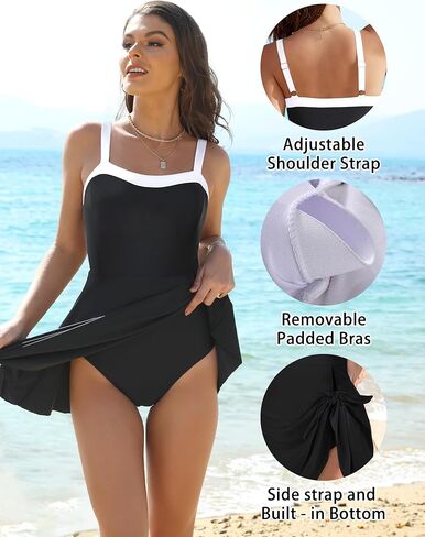 Women One Piece Swimsuit Swim Dress Color Block Modest Bathing Suit Retro Swim Suit Skirt in Saudi Arabia