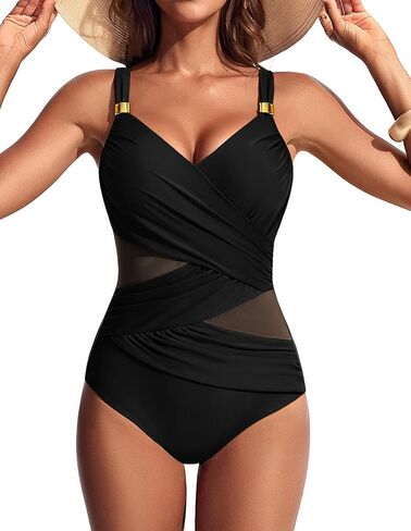 Hanna Nikole Womens One Piece Swimsuit, Tummy Control Wrap Bathing Suit Swim, Modest Ruched V Neck Mesh Swimwear in Saudi Arabia