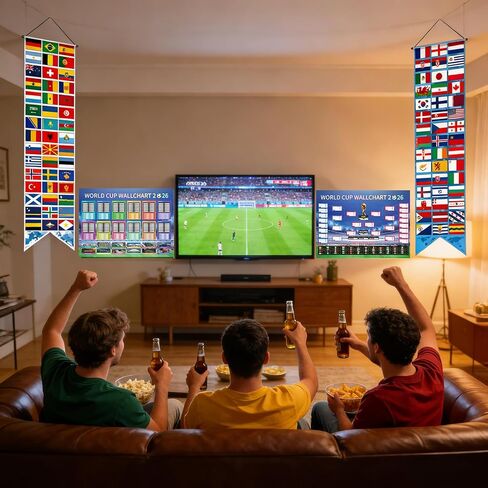 KOAWSFEID 4 Pcs 2026 Soccer Tournament Match Schedule Posters & International World Flags Porch Banners Set, 33x23.6 Group & Knockout Stage Wallchart, Sports Bar Viewing Party Decorations in Saudi Arabia