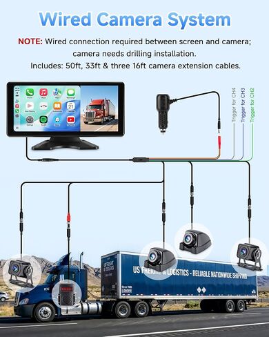 RV Camera System with CarPlay & Android Auto, 10.36'' Monitor with Blind Spot Detection/Parking Monitoring/Voice Control/DVR/Navigation, 4 1080P Backup Camera System for Semi Truck Trailer Camper in Kuwait