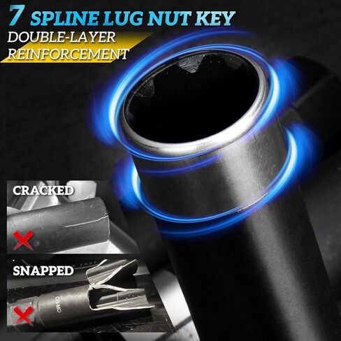 7 Spline Lug Nut Key Set - Thin Wall Spline Socket Removal Tool Kit for Aftermarket Wheels, Reinforced Cr-Mo Steel Dual Hex Drive (3/4" & 13/16") with 3/8" Drive and Storage Case,Black in Kuwait
