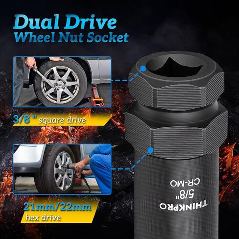 7 Spline Lug Nut Key Set - Thin Wall Spline Socket Removal Tool Kit for Aftermarket Wheels, Reinforced Cr-Mo Steel Dual Hex Drive (3/4" & 13/16") with 3/8" Drive and Storage Case,Black in Kuwait