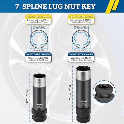 7 Spline Lug Nut Key Set - Thin Wall Spline Socket Removal Tool Kit for Aftermarket Wheels, Reinforced Cr-Mo Steel Dual Hex Drive (3/4" & 13/16") with 3/8" Drive and Storage Case,Black in Kuwait