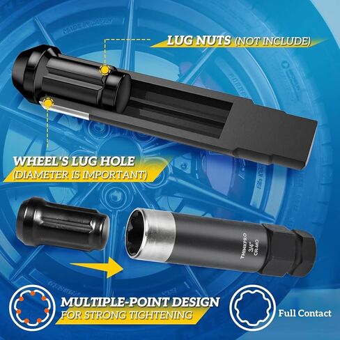 7 Spline Lug Nut Key Set - Thin Wall Spline Socket Removal Tool Kit for Aftermarket Wheels, Reinforced Cr-Mo Steel Dual Hex Drive (3/4" & 13/16") with 3/8" Drive and Storage Case,Black in Kuwait