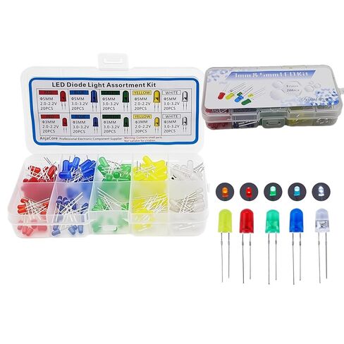 200PCS 3mm & 5mm LED Light Emitting Diode Assortment Kit, 5 Colors (Red/Green/Blue/Yellow/White) with Storage Box – for DIY Electronics & STEM Projects in Saudi Arabia