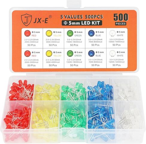 JX-E 5 Colors LED Diode 500Pcs 5mm Round, 2-3.2V 20mA, Low Voltage LEDs for DIY Electronics, Robotics, Decorative Lighting (White/Red/Yellow/Green/Blue) in Saudi Arabia