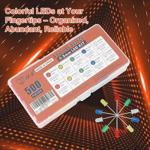 JX-E 5 Colors LED Diode 500Pcs 5mm Round, 2-3.2V 20mA, Low Voltage LEDs for DIY Electronics, Robotics, Decorative Lighting (White/Red/Yellow/Green/Blue) in Saudi Arabia