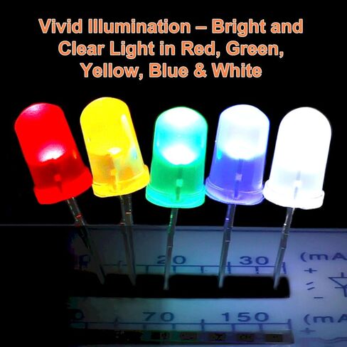 JX-E 5 Colors LED Diode 500Pcs 5mm Round, 2-3.2V 20mA, Low Voltage LEDs for DIY Electronics, Robotics, Decorative Lighting (White/Red/Yellow/Green/Blue) in Saudi Arabia