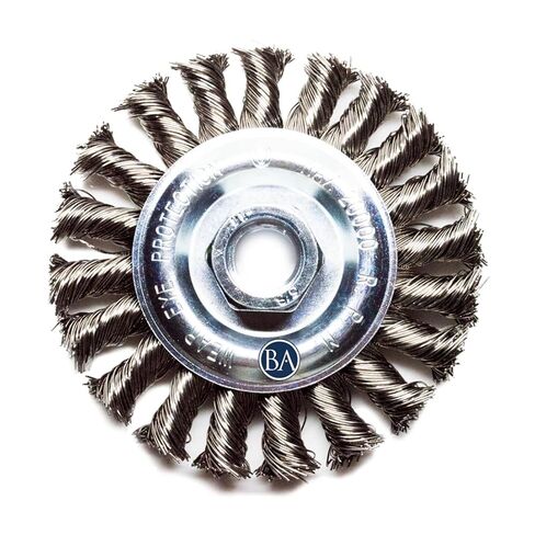 Benchmark Abrasives 4" x 1/2" Standard Twist Knot Wire Wheel with 5/8"-11 Thread, for Weld Cleaning, Weld Spatter Deburring, Use with Angle Grinders - Stainless Steel (4" x 1/2") in Saudi Arabia