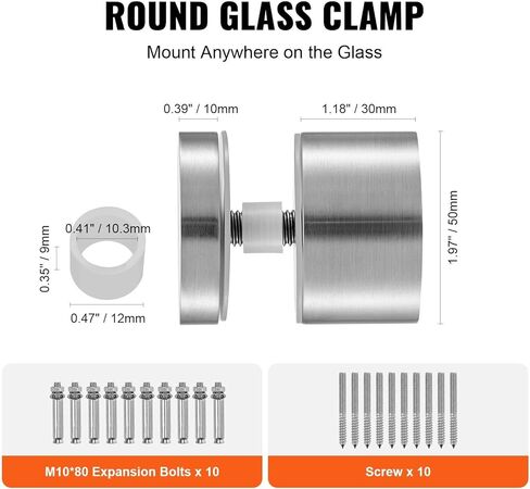 Clamp, 10 PCS Round Railing Bracket for 0.31 "-0.62 " Tempered , 316 Stainless Steel Mounting Clamp, Shelf Bracket for Balcony, Garden, Pool, Stair, Silver in Kuwait