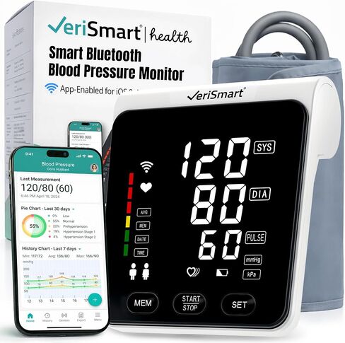 Smart Bluetooth Blood Pressure Monitor by VeriSmart Health - FDA-Cleared, Vivid 6.5" LED, Comfort-Inflate Tech, Ultra-Slim Design, Battery & USB-C, Wireless Secure US-Hosted App in Saudi Arabia