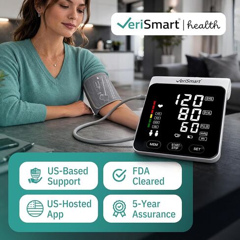 Smart Bluetooth Blood Pressure Monitor by VeriSmart Health - FDA-Cleared, Vivid 6.5" LED, Comfort-Inflate Tech, Ultra-Slim Design, Battery & USB-C, Wireless Secure US-Hosted App in Saudi Arabia