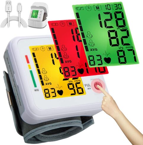 جهاز قياس ضغط الدم من المعصم 2026، جهاز ضغط الدم الرقمي المحدث مع شاشة عرض ثلاثية الخلفية، جهاز مراقبة ضغط الدم التلقائي من المعصم، مراقبة معدل النبض، قابل لإعادة الشحن عبر USB، قراءات ذاكرة 2 × 99 in Kuwait