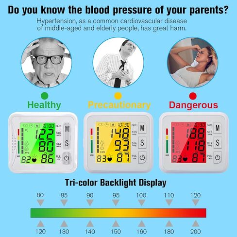 جهاز قياس ضغط الدم من المعصم 2026، جهاز ضغط الدم الرقمي المحدث مع شاشة عرض ثلاثية الخلفية، جهاز مراقبة ضغط الدم التلقائي من المعصم، مراقبة معدل النبض، قابل لإعادة الشحن عبر USB، قراءات ذاكرة 2 × 99 in Kuwait