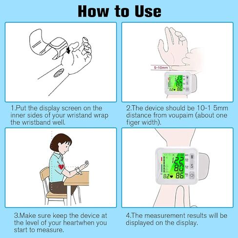 جهاز قياس ضغط الدم من المعصم 2026، جهاز ضغط الدم الرقمي المحدث مع شاشة عرض ثلاثية الخلفية، جهاز مراقبة ضغط الدم التلقائي من المعصم، مراقبة معدل النبض، قابل لإعادة الشحن عبر USB، قراءات ذاكرة 2 × 99 in Kuwait