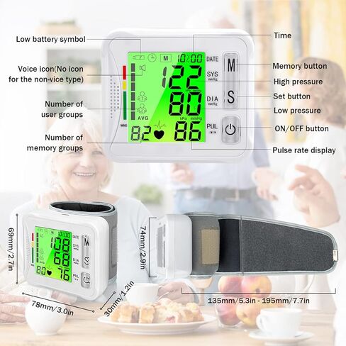 جهاز قياس ضغط الدم من المعصم 2026، جهاز ضغط الدم الرقمي المحدث مع شاشة عرض ثلاثية الخلفية، جهاز مراقبة ضغط الدم التلقائي من المعصم، مراقبة معدل النبض، قابل لإعادة الشحن عبر USB، قراءات ذاكرة 2 × 99 in Kuwait