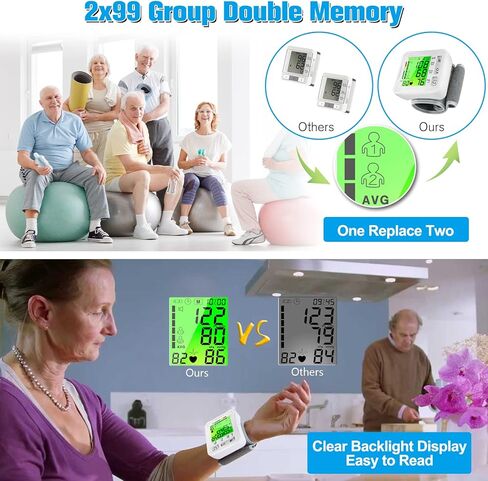 جهاز قياس ضغط الدم من المعصم 2026، جهاز ضغط الدم الرقمي المحدث مع شاشة عرض ثلاثية الخلفية، جهاز مراقبة ضغط الدم التلقائي من المعصم، مراقبة معدل النبض، قابل لإعادة الشحن عبر USB، قراءات ذاكرة 2 × 99 in Kuwait
