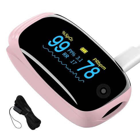 Fingertip Pulse Oximeter with Respiration Rate Monitoring, SpO2, Heart Rate, PI & RR Measurements, Blood Oxygen Rechargeable OLED Display with 6 Modes & 4-Way Rotatable Screen (Pink) in Saudi Arabia