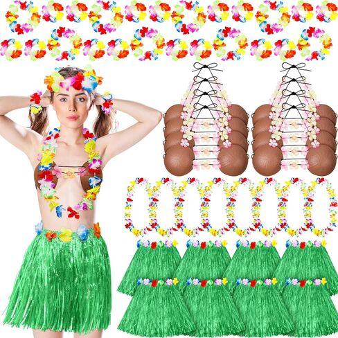 8 Sets Hula Skirt Costume Accessory Kit with 40 cm Hawaiian Grass Skirts,Girls Coconut Bra,Wreath Necklace and Headbands,Flower Bracelets for Girl Luau Party Tropical Party Favors Supplies in Saudi Arabia
