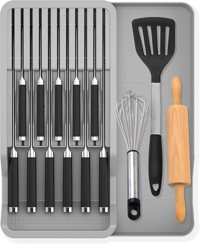 Expandable Drawer Knife Insert Organizer - Plastic Knife Storage Tray for Kitchen Drawers, Adjustable to Fit 11 Knives, BPA-Free, Ventilated, Space-Saving, Easy to Clean in Saudi Arabia