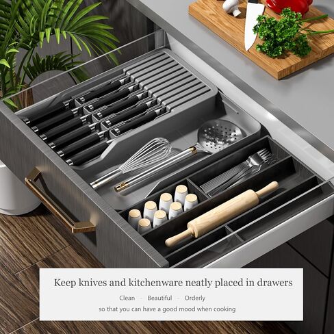 Expandable Drawer Knife Insert Organizer - Plastic Knife Storage Tray for Kitchen Drawers, Adjustable to Fit 11 Knives, BPA-Free, Ventilated, Space-Saving, Easy to Clean in Saudi Arabia