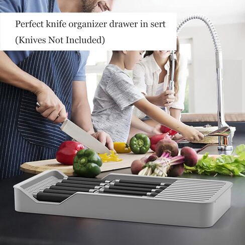 Expandable Drawer Knife Insert Organizer - Plastic Knife Storage Tray for Kitchen Drawers, Adjustable to Fit 11 Knives, BPA-Free, Ventilated, Space-Saving, Easy to Clean in Saudi Arabia