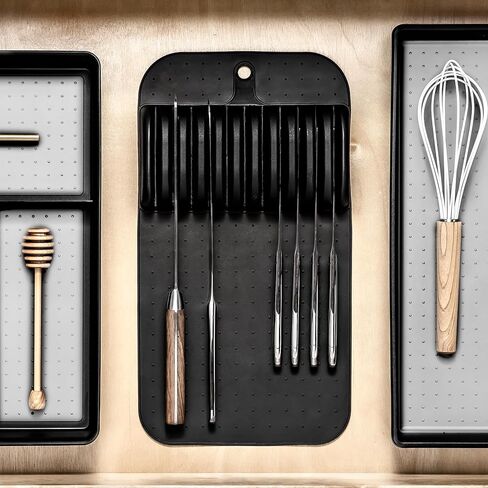 madesmart Large Knife Mat, Soft-Grip In Drawer Knife Organizer for 12 Knives, Non-Slip Kitchen Drawer Storage, Space Saving Knife Block Alternative, Carbon in Kuwait