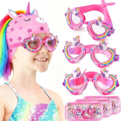 Kingdder 3 Set Unicorn Swim Goggles for Girls Aged 4-12 Swim Goggles with Stickers and Pink Cases, Anti-fog, UV Protection, Easy to Adjust, Non Slip for Men Women Youth teenager in Saudi Arabia