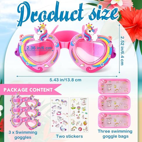 Kingdder 3 Set Unicorn Swim Goggles for Girls Aged 4-12 Swim Goggles with Stickers and Pink Cases, Anti-fog, UV Protection, Easy to Adjust, Non Slip for Men Women Youth teenager in Saudi Arabia