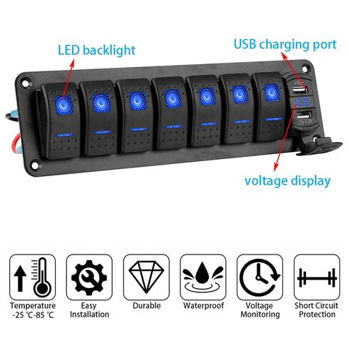 لوحة ألومنيوم ذات 7 مفاتيح هزازة مع شاحن USB مزدوج 4.8 أمبير مع الفولتميتر، إضاءة خلفية زرقاء، سلك مسبق للبحرية والقوارب والسيارات والشاحنات (4.8 أمبير USB و7 مفاتيح زرقاء) in Saudi Arabia
