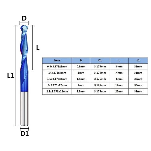 10pcs 2 Flutes Ball Nose End Mill Solid Carbide CNC Router Bits 3.175 Shank Spiral Milling Tool 0.8-2.5mm Diameter Nano Blue Coating Spiral Milling Cutter in Saudi Arabia