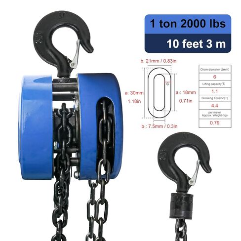 10 Feet Blue Manual Chain Hoist - Heavy Duty Chain 1 Ton Capacity, Lift Manual Hoist, Hand Chain Block Hoist for Industrial, Workshops, Warehouses, Automotive Machinery in Saudi Arabia