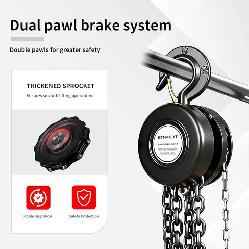 1 Ton Manual Chain Hoist, 10ft Lift Height, 2200 Lbs Capacity with Heavy Duty Hooks, Black Hand Chain Block for Warehouse, Garage, Workshop in Saudi Arabia