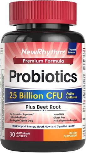NewRhythm Probiotics for Women & Men 25 Billion CFU, w/Organic Beet Root 2000 mg Strength, 20:1 Extract, Nitric Oxide, Circulation, Energy & Heart Health, All Natural, Vegan, Non-GMO, 30 Caps in Kuwait