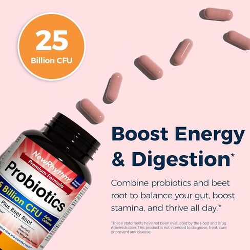 NewRhythm Probiotics for Women & Men 25 Billion CFU, w/Organic Beet Root 2000 mg Strength, 20:1 Extract, Nitric Oxide, Circulation, Energy & Heart Health, All Natural, Vegan, Non-GMO, 30 Caps in Kuwait
